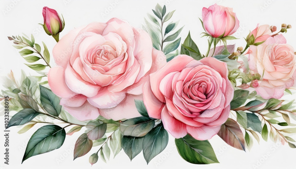 Delicate Watercolor Illustrations of Soft Pink Roses with Green Foliage Delicate Watercolor Illustrations of Soft Pink Roses with Green Foliage