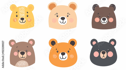 Set Bear card templates. Cute cartoon bear faces,paper art and digital craft style.