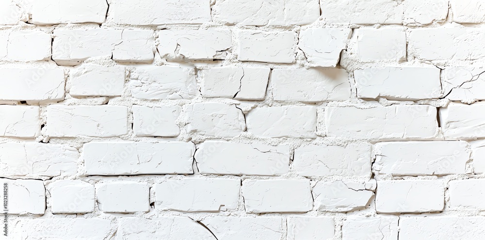 Fototapeta premium A textured white brick wall with visible cracks, perfect for backgrounds or design projects that require a rustic touch.
