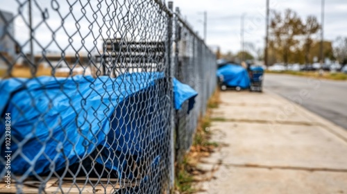 A homeless encampment set up along a chain-link fence, a mix of blue tarps, makeshift structures, and shopping carts, bleak tones highlighting economic inequality 