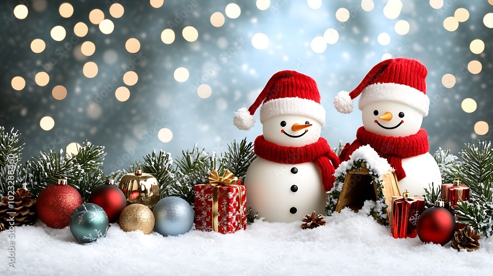 Two Whimsical Snowmen in a Festive Scene Two Whimsical Snowmen in a Festive Scene