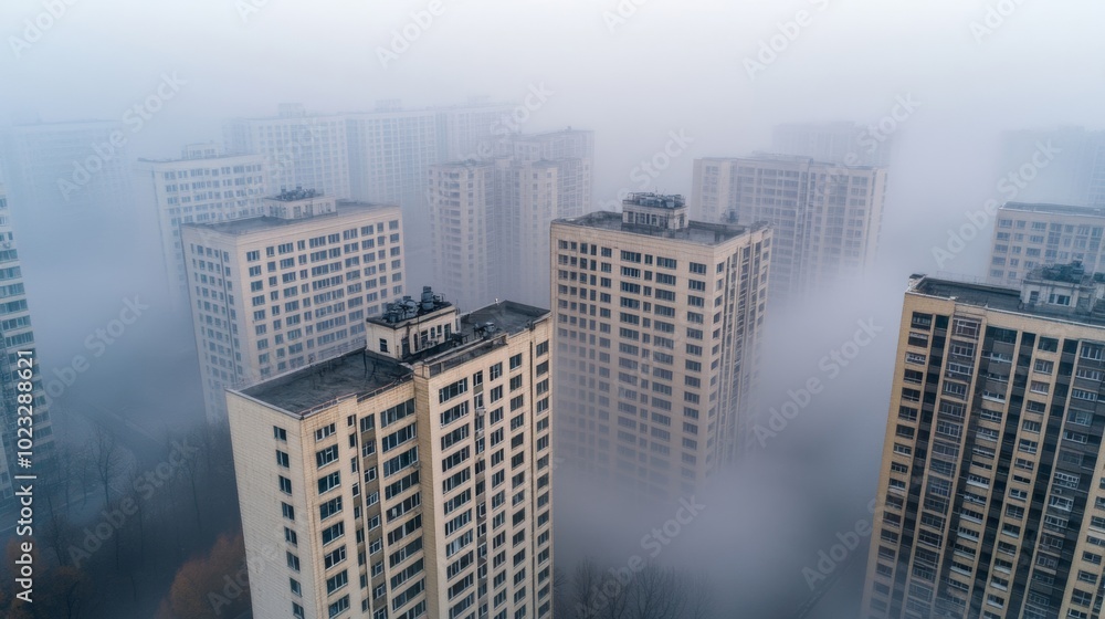 Fototapeta premium Aerial view of a major city blanketed in smog, buildings fading into the polluted air, dull colors reflecting poor air quality, environmental crisis concept 