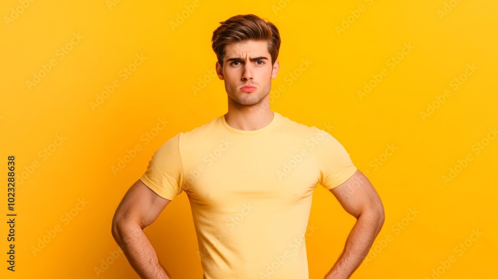 Annoyed young man with his hands on his hips, raising one eyebrow skeptically, isolated on a bright orange-to-pale yellow gradient background Annoyed young man with his hands on his hips, raising one eyebrow skeptically, isolated on a bright orange-to-pale yellow gradient background