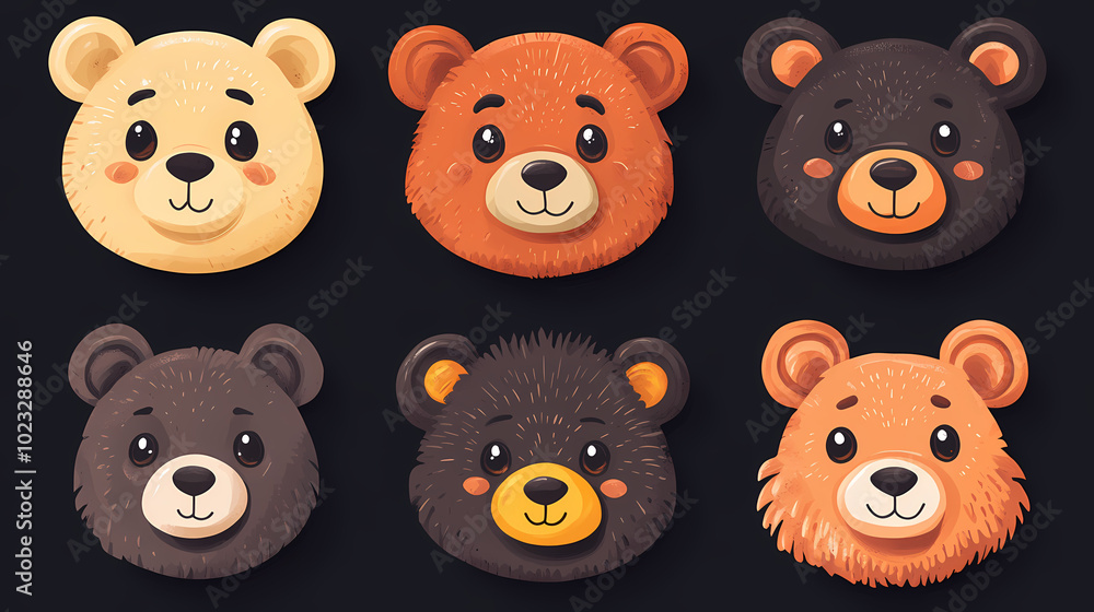 Obraz premium Set Bear card templates. Cute cartoon bear faces,paper art and digital craft style.