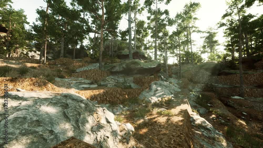 A tranquil forest scene features rugged rocks and towering trees illuminated by the soft light of dawn. Foliage covers the ground, enhancing the peaceful natural atmosphere. A tranquil forest scene features rugged rocks and towering trees illuminated by the soft light of dawn. Foliage covers the ground, enhancing the peaceful natural atmosphere.