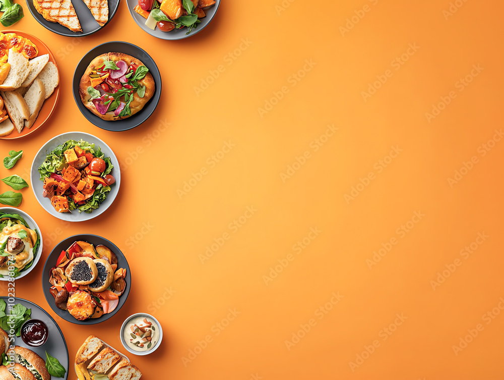 A vibrant display of delicious food on colorful plates against an orange background, perfect for culinary themes. A vibrant display of delicious food on colorful plates against an orange background, perfect for culinary themes.
