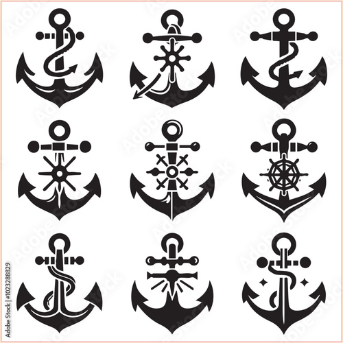 Set of sea anchor symbol set isolated anchor with a heart charm on white background vector illustration