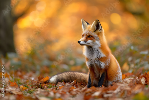 A pretty red fox, in the autumn forest