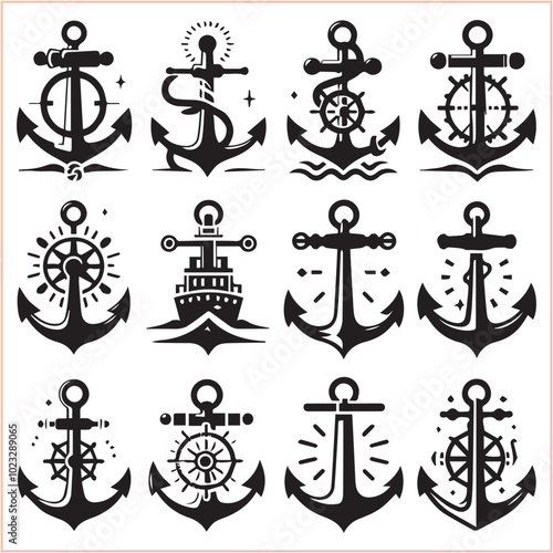 Set of sea anchor symbol set isolated anchor with a heart charm on white background vector illustration