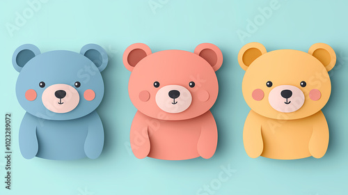 Set Bear card templates. Cute cartoon bear faces,paper art and digital craft style.