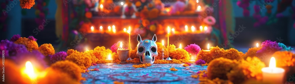 A vibrant altar adorned with candles, flowers, and a decorative skull, symbolizing remembrance and celebration of life. A vibrant altar adorned with candles, flowers, and a decorative skull, symbolizing remembrance and celebration of life.