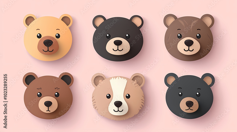 Fototapeta premium Set Bear card templates. Cute cartoon bear faces,paper art and digital craft style.