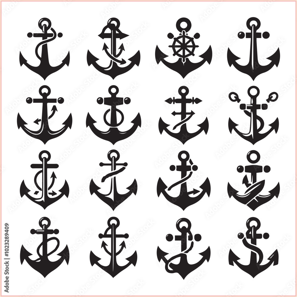 Set of sea anchor symbol set isolated anchor with a heart charm on white background vector illustration Set of sea anchor symbol set isolated anchor with a heart charm on white background vector illustration
