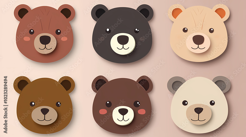 Obraz premium Set Bear card templates. Cute cartoon bear faces,paper art and digital craft style.