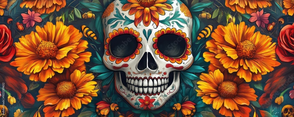 Vibrant sugar skull design adorned with bright flowers, celebrating the Day of the Dead. Artistic and colorful illustration. Vibrant sugar skull design adorned with bright flowers, celebrating the Day of the Dead. Artistic and colorful illustration.