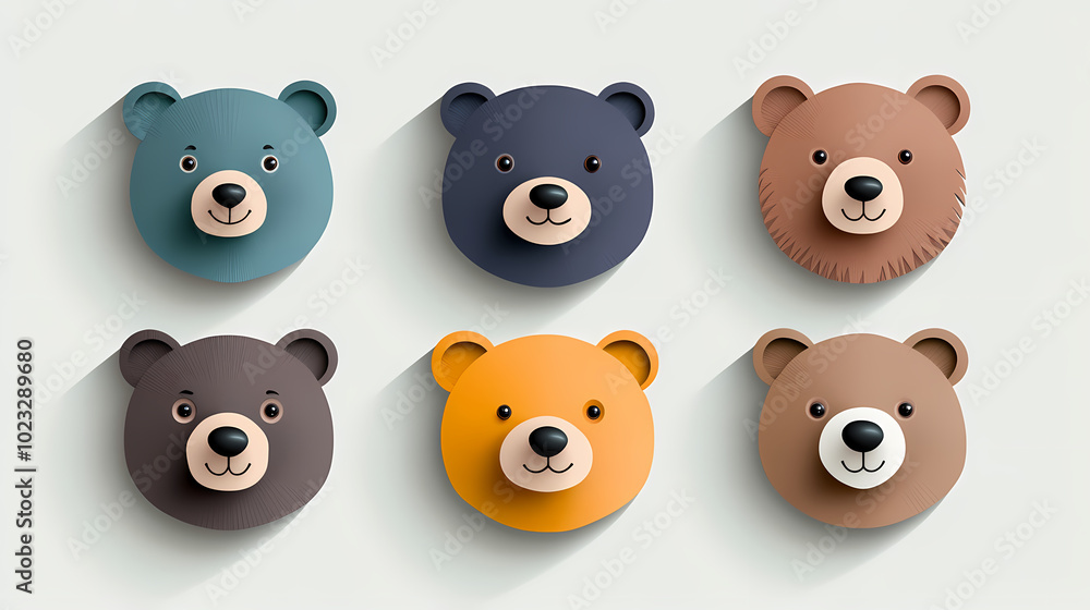 Set Bear card templates. Cute cartoon bear faces,paper art and digital craft style. Set Bear card templates. Cute cartoon bear faces,paper art and digital craft style.
