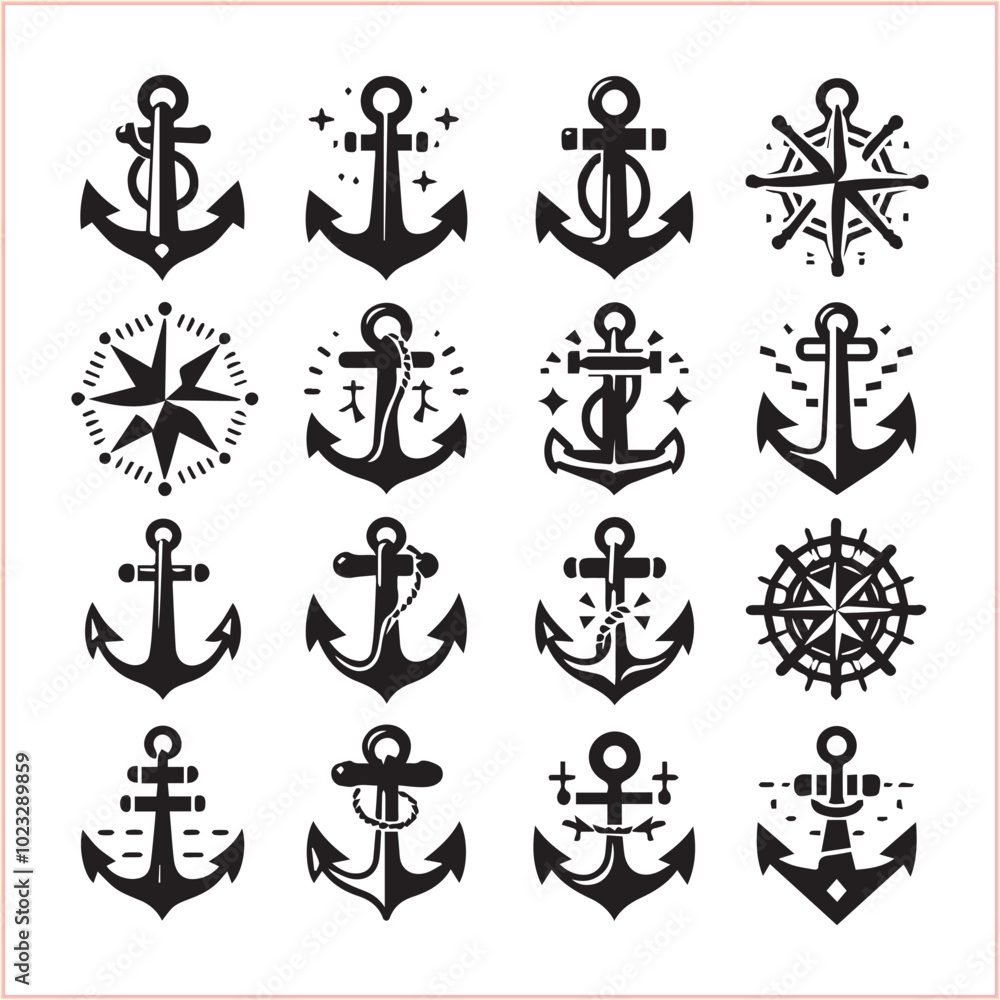 Set of sea anchor symbol set isolated anchor with a heart charm on white background vector illustration Set of sea anchor symbol set isolated anchor with a heart charm on white background vector illustration