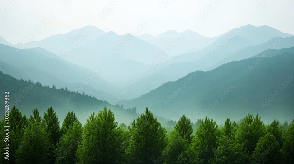 Distant mountain range obscured by heavy pollution, sky thick with smog, trees in the foreground covered in dust, environmental degradation theme Distant mountain range obscured by heavy pollution, sky thick with smog, trees in the foreground covered in dust, environmental degradation theme