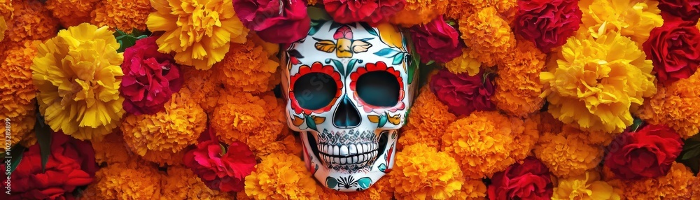 Colorful skull surrounded by vibrant marigold flowers, symbolizing life and death in a festive celebration. Colorful skull surrounded by vibrant marigold flowers, symbolizing life and death in a festive celebration.