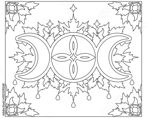 Three phases of the moon, goddess symbol and leaves coloring page - vector line art picture . Outline. Moon waxing, full and waning and celtic symbol for coloring book