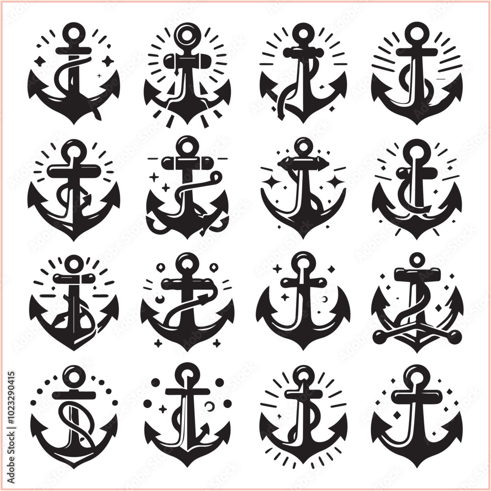 Set of sea anchor symbol set isolated anchor with a heart charm on white background vector illustration Set of sea anchor symbol set isolated anchor with a heart charm on white background vector illustration