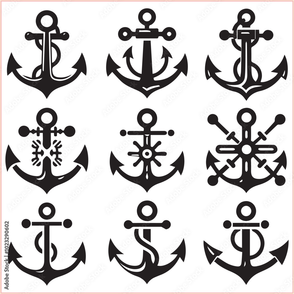Set of sea anchor symbol set isolated anchor with a heart charm on white background vector illustration Set of sea anchor symbol set isolated anchor with a heart charm on white background vector illustration