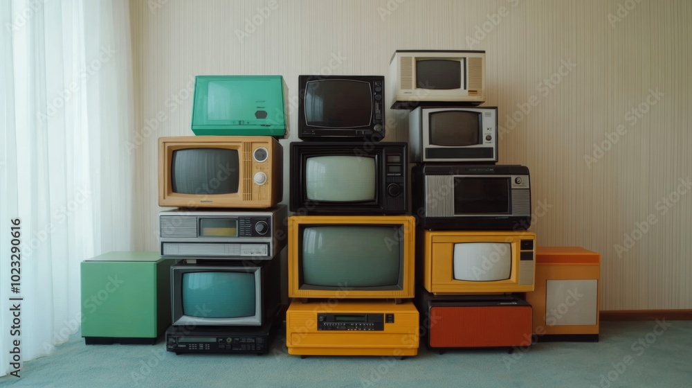 Giant old television, cassette tapes, and VHS players stacked in a room, representing unnecessary outdated technology clutter Giant old television, cassette tapes, and VHS players stacked in a room, representing unnecessary outdated technology clutter