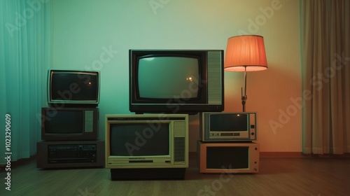 Giant old television, cassette tapes, and VHS players stacked in a room, representing unnecessary outdated technology clutter 