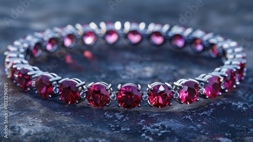 Close up view of an exquisitely crafted bangle bracelet adorned with an array of glistening ruby and garnet gemstones