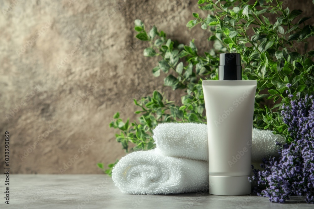 Spa Products and Towels with Greenery Background Spa Products and Towels with Greenery Background
