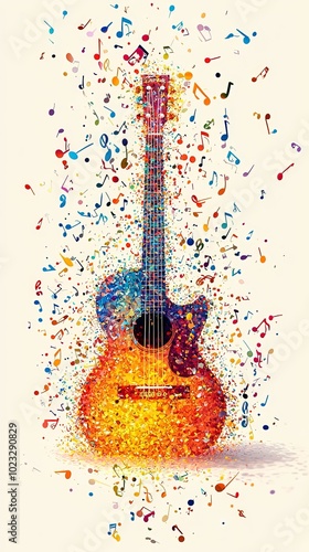 A golden acoustic guitar engulfed in a whirlwind of musical confetti, representing joy, celebration, and the captivating essence of music beautifully portrayed in art. photo