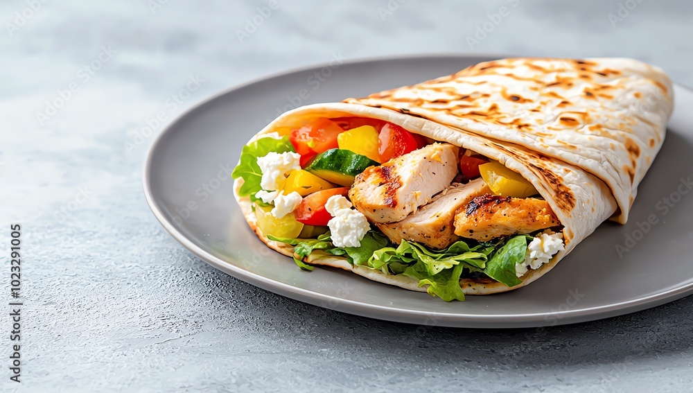 Delicious grilled chicken wrap with fresh vegetables and soft tortilla on a stylish plate, ideal for healthy eating. Delicious grilled chicken wrap with fresh vegetables and soft tortilla on a stylish plate, ideal for healthy eating.