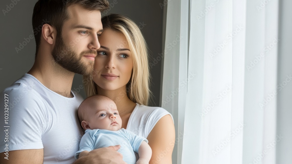 Loving couple standing by a window, holding a small baby onesie together, gazing outside as they dream about their future child Loving couple standing by a window, holding a small baby onesie together, gazing outside as they dream about their future child