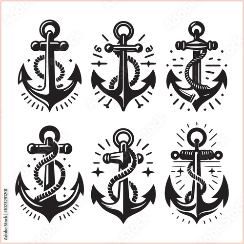 Set of sea anchor symbol set isolated anchor with a heart charm on white background vector illustration