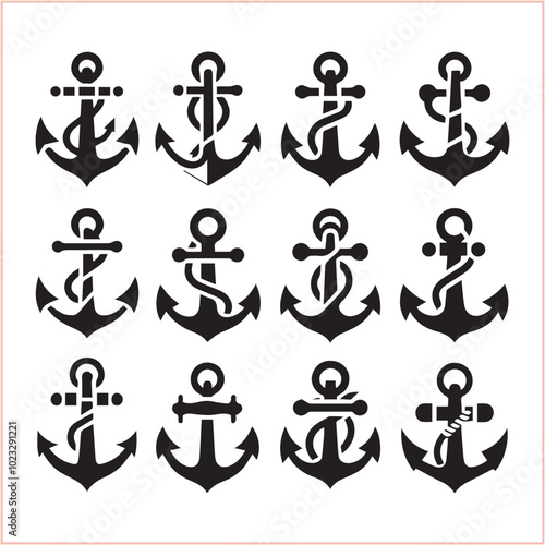 Set of sea anchor symbol set isolated anchor with a heart charm on white background vector illustration