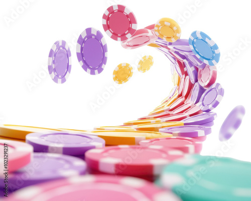 Colorful casino chips cascading in vibrant motion, on a white isolated background.