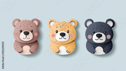 Set Bear card templates. Cute cartoon bear faces,paper art and digital craft style.