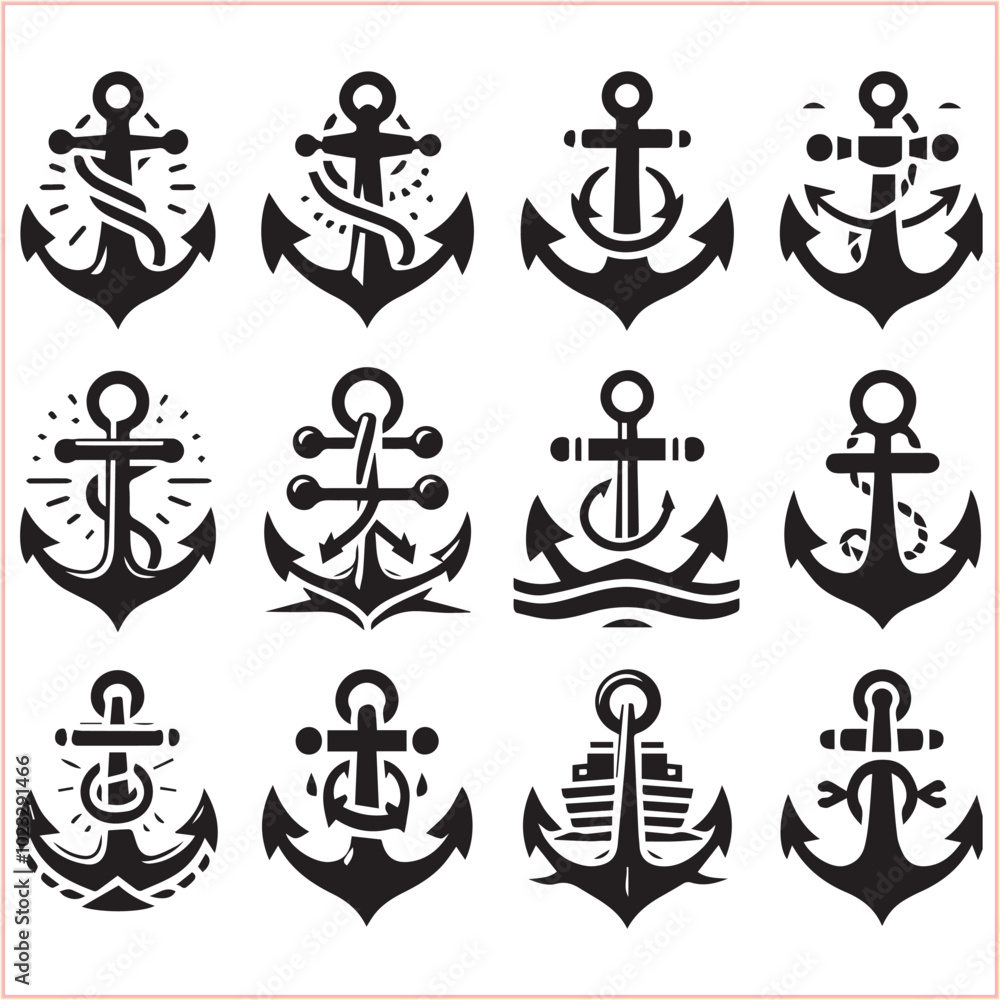 Set of sea anchor symbol set isolated anchor with a heart charm on white background vector illustration Set of sea anchor symbol set isolated anchor with a heart charm on white background vector illustration