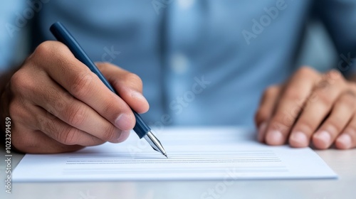 Nervous hands holding a job application form, pen hovering over the signature line, paper crumpled at the edges, against a blurred office setting 