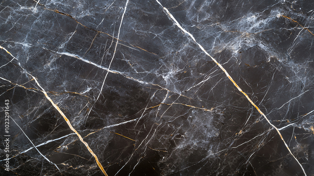 Elegant black marble surface with striking white and gold veining, perfect for interior design and luxury backgrounds. Elegant black marble surface with striking white and gold veining, perfect for interior design and luxury backgrounds.