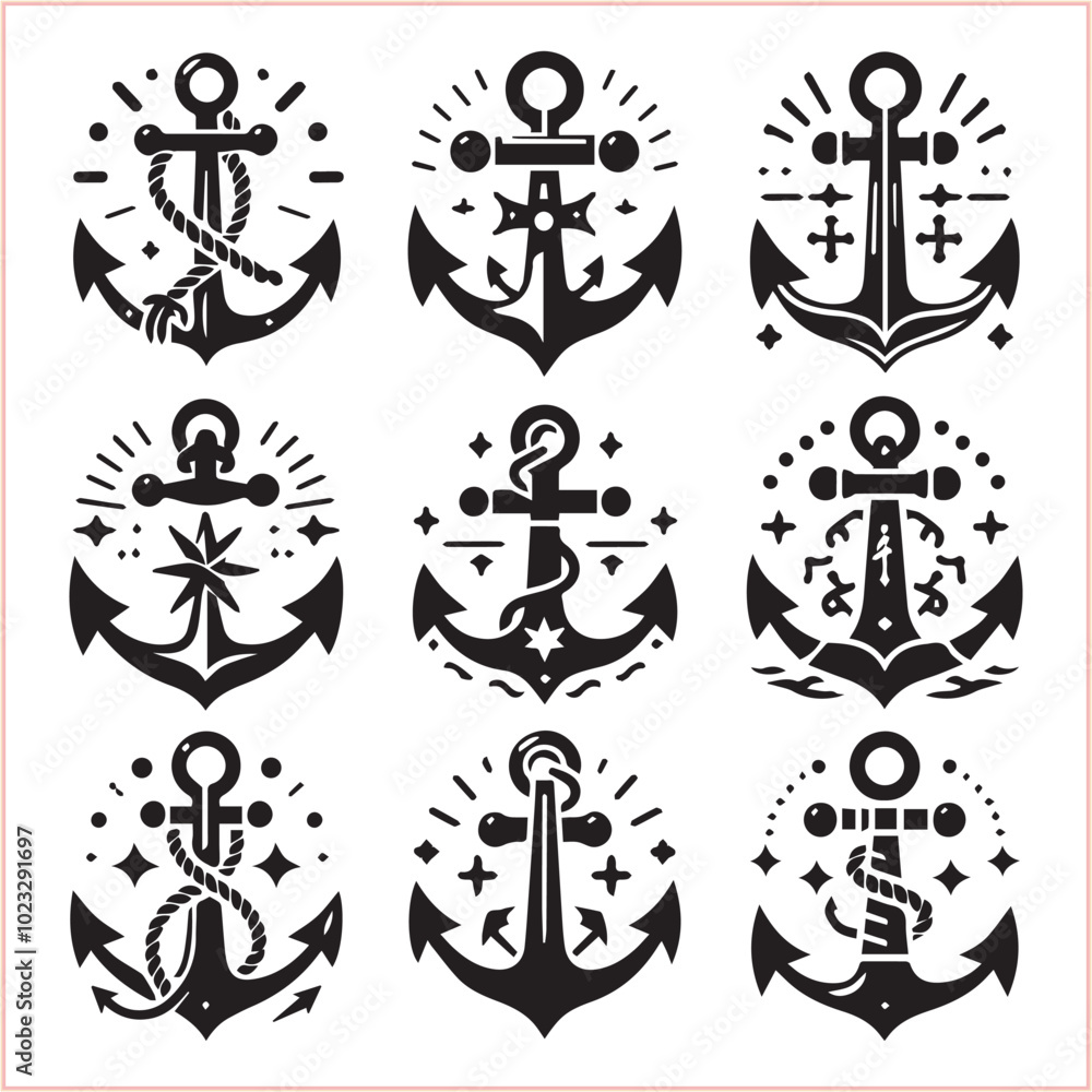 Set of sea anchor symbol set isolated anchor with a heart charm on white background vector illustration Set of sea anchor symbol set isolated anchor with a heart charm on white background vector illustration