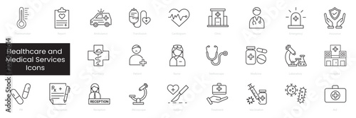 healthcare and medical services icon set. editable stroke. linear icon collection