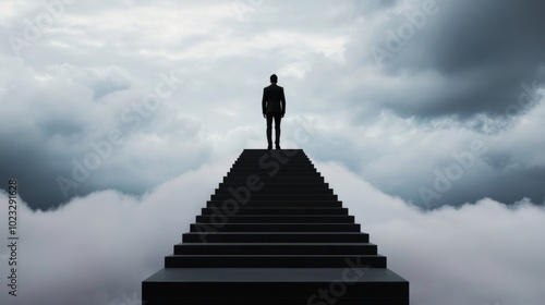 Person climbing a staircase that disappears into clouds, steps increasingly vague and transparent, symbolizing uncertainty in life’s journey 