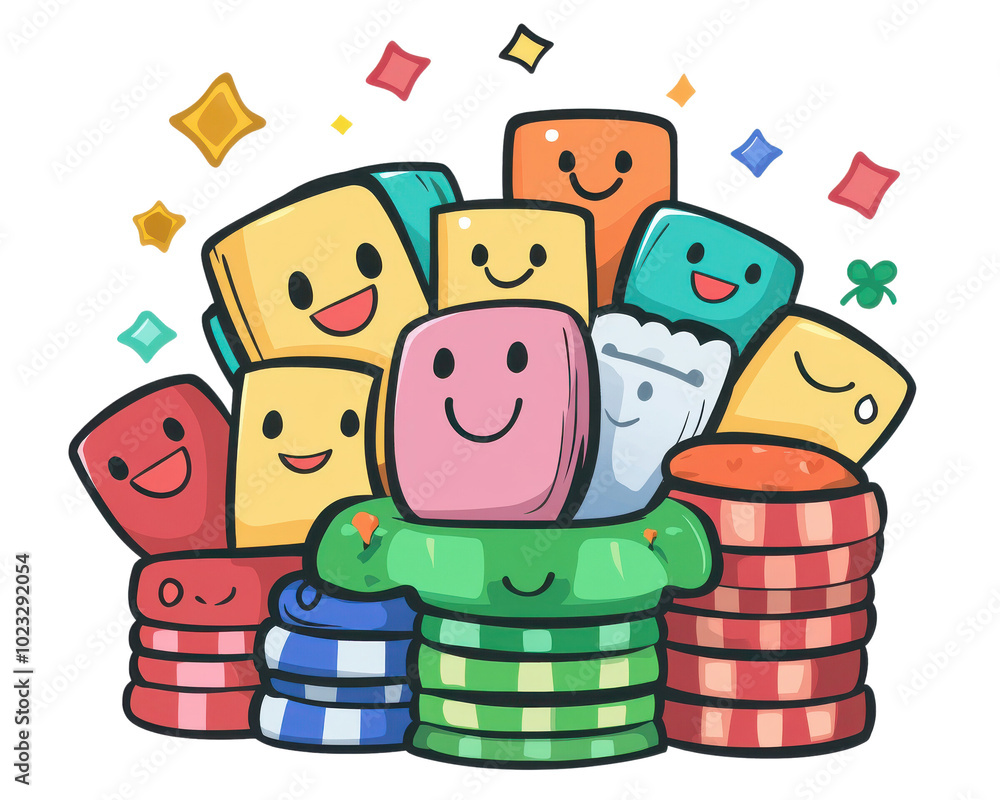 Colorful cartoon sweets and chips, cheerful design with smiles, white isolate background Colorful cartoon sweets and chips, cheerful design with smiles, white isolate background