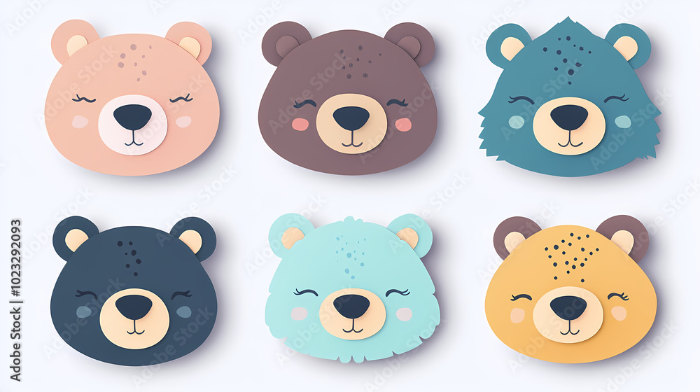 Set Bear card templates. Cute cartoon bear faces,paper art and digital craft style. Set Bear card templates. Cute cartoon bear faces,paper art and digital craft style.