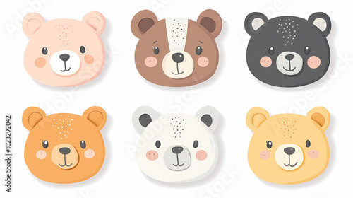 Set Bear card templates. Cute cartoon bear faces,paper art and digital craft style.