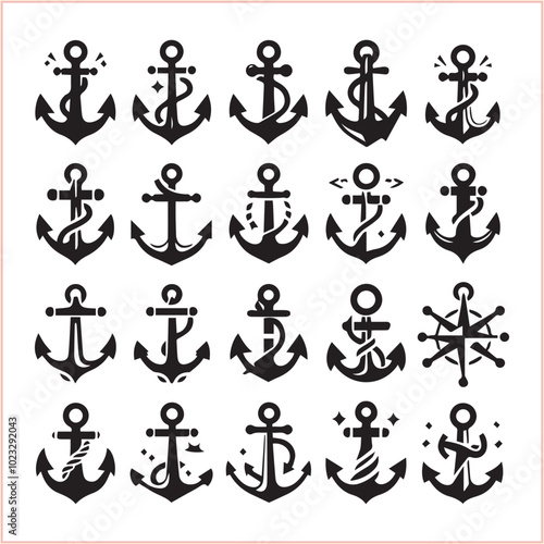 Set of sea anchor symbol set isolated anchor with a heart charm on white background vector illustration