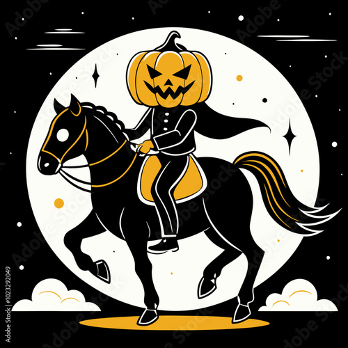 Headless Horseman with a pumpkin head riding a horse for Halloween night
