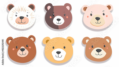 Set Bear card templates. Cute cartoon bear faces,paper art and digital craft style.