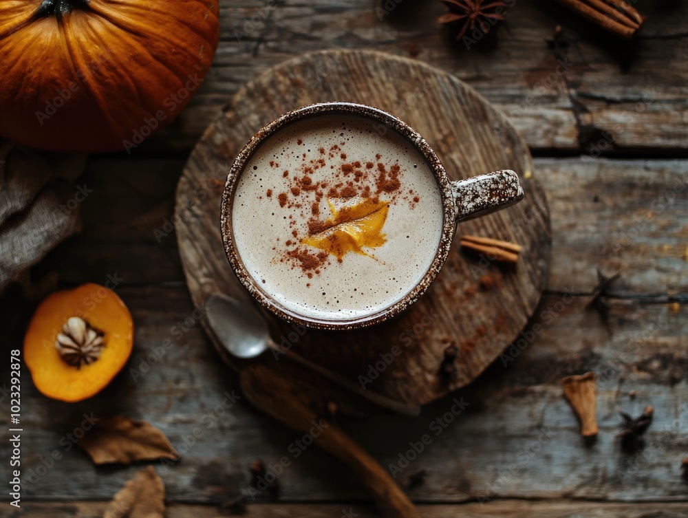 Pumpkin Latte with Spices and Cinnamon on Rustic Table Pumpkin Latte with Spices and Cinnamon on Rustic Table